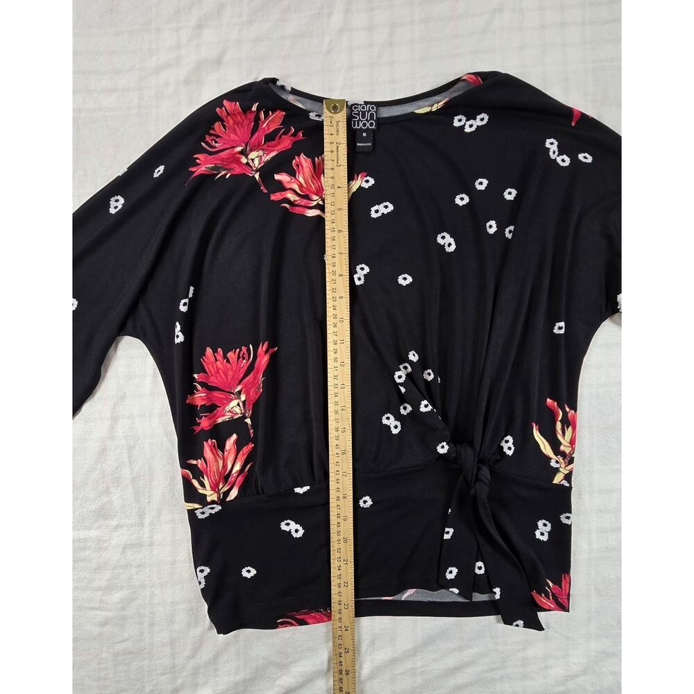 Clara Sun Woo Womens Black Asymmetrical Side Tie Blouse Floral Cherry Blossom M - Picture 6 of 11